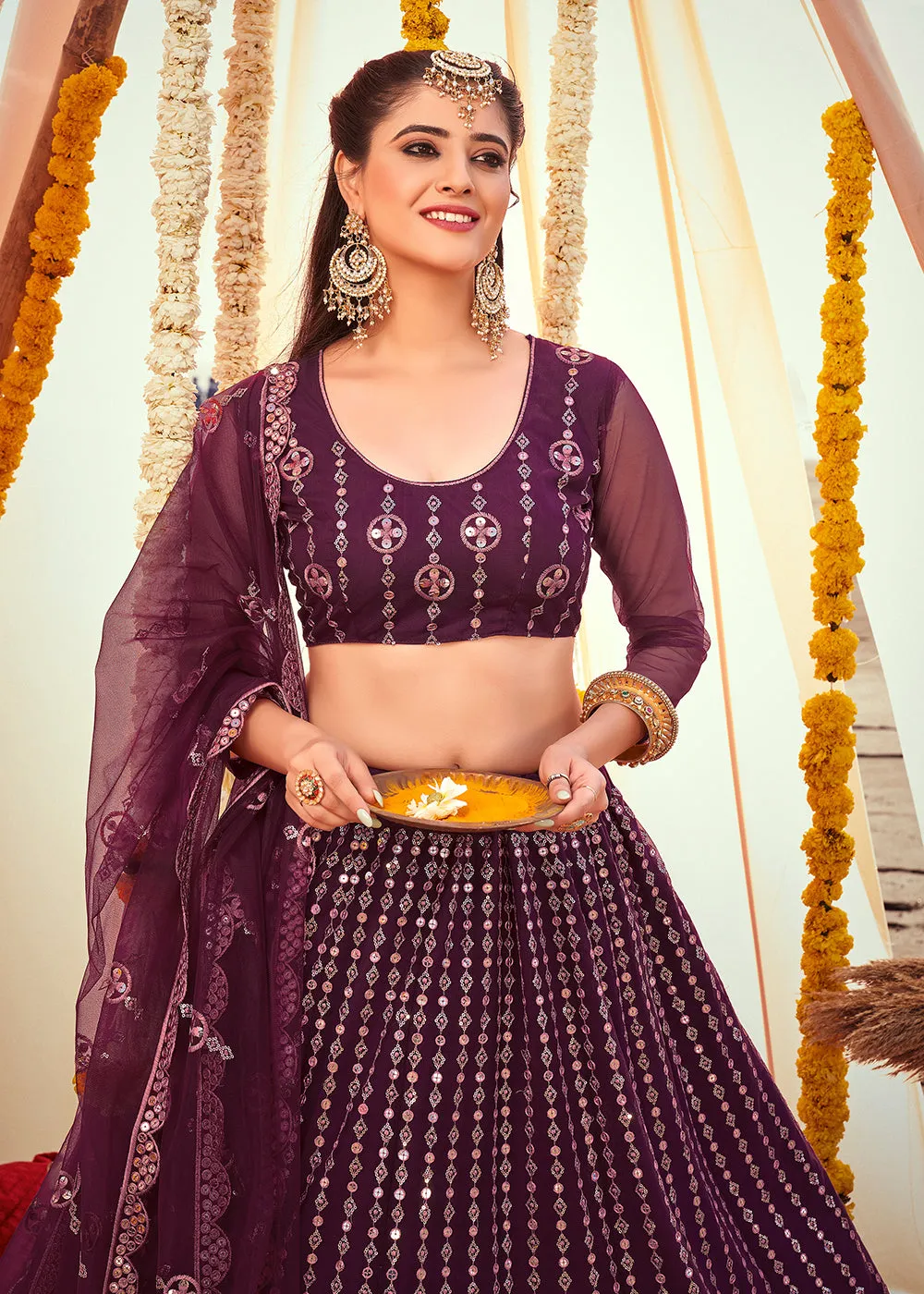 Wine Purple Sequined Wedding Function Wear Lehenga Choli