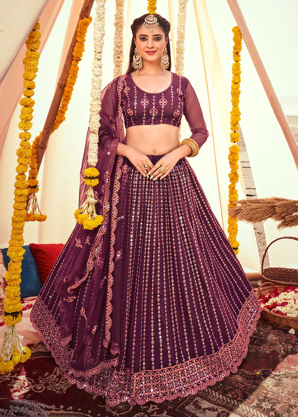 Wine Purple Sequined Wedding Function Wear Lehenga Choli