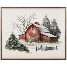 Winter Barn With Two Pines Behind