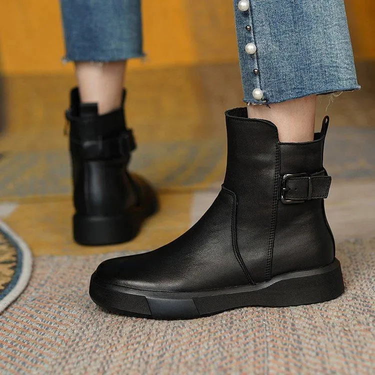 Women ankle retro buckle strap thick sole flat boots