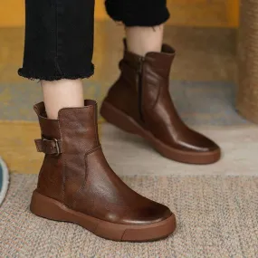 Women ankle retro buckle strap thick sole flat boots