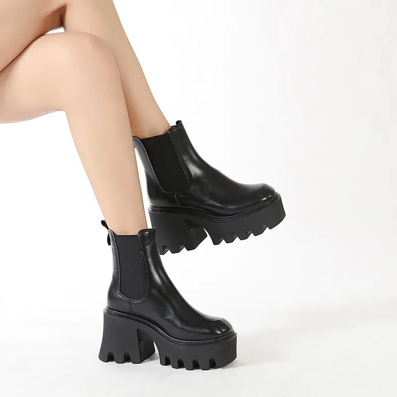 Women chunky platform slip on black chelsea boots