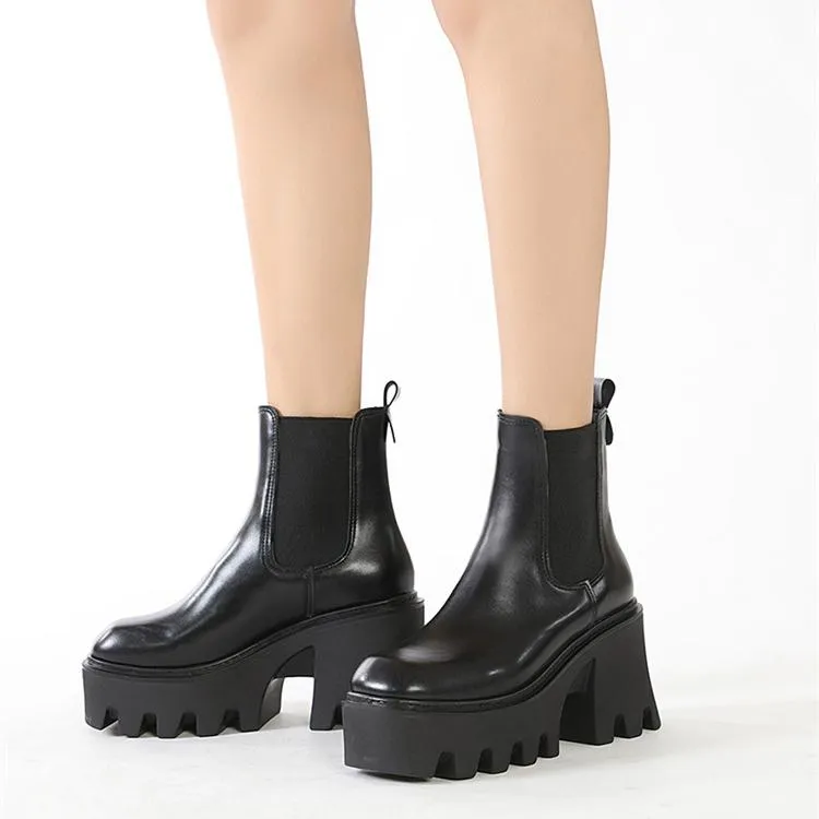 Women chunky platform slip on black chelsea boots