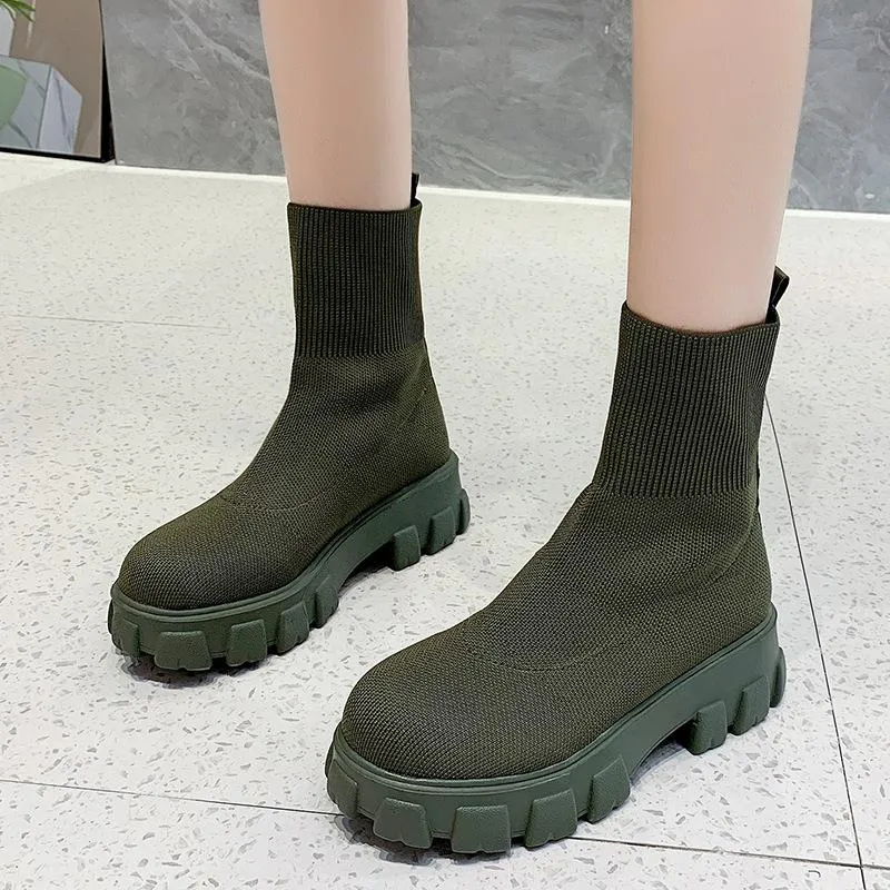 Women chunky platform solid color slip on sock booties