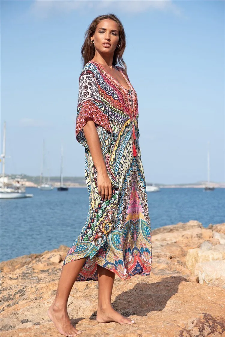 Women Retro Print Beach Cover Up Long Kaftan Dress Sun Protection Beachwear