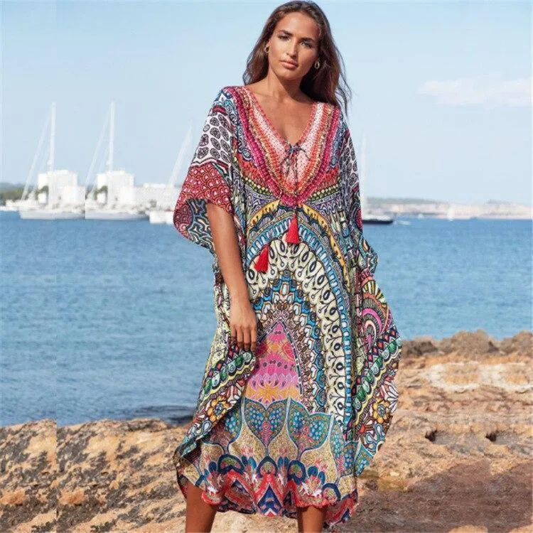 Women Retro Print Beach Cover Up Long Kaftan Dress Sun Protection Beachwear