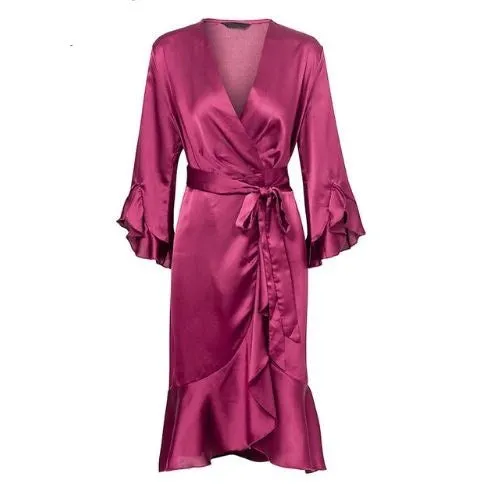 Women's Autumn/Winter Satin Ruffle Flare Wrap Dress