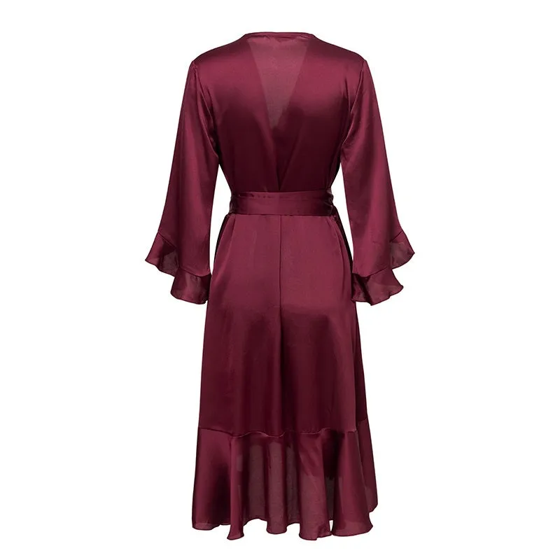 Women's Autumn/Winter Satin Ruffle Flare Wrap Dress