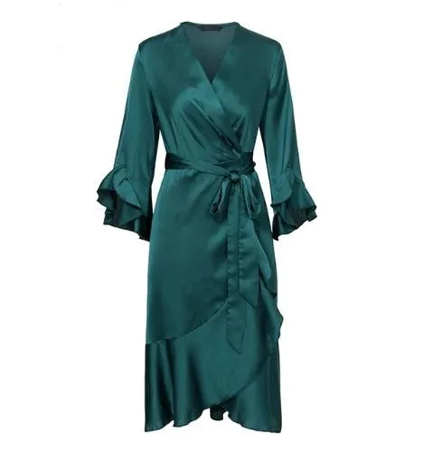 Women's Autumn/Winter Satin Ruffle Flare Wrap Dress