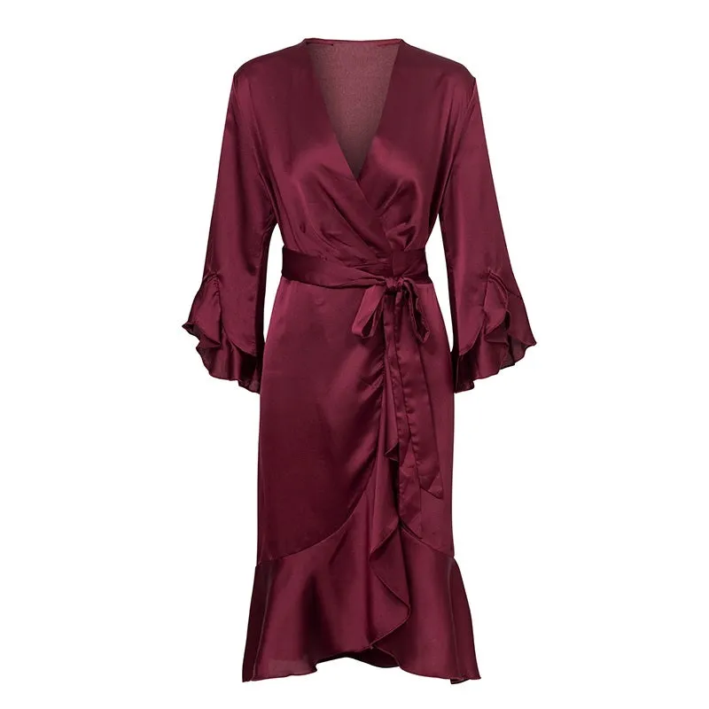 Women's Autumn/Winter Satin Ruffle Flare Wrap Dress