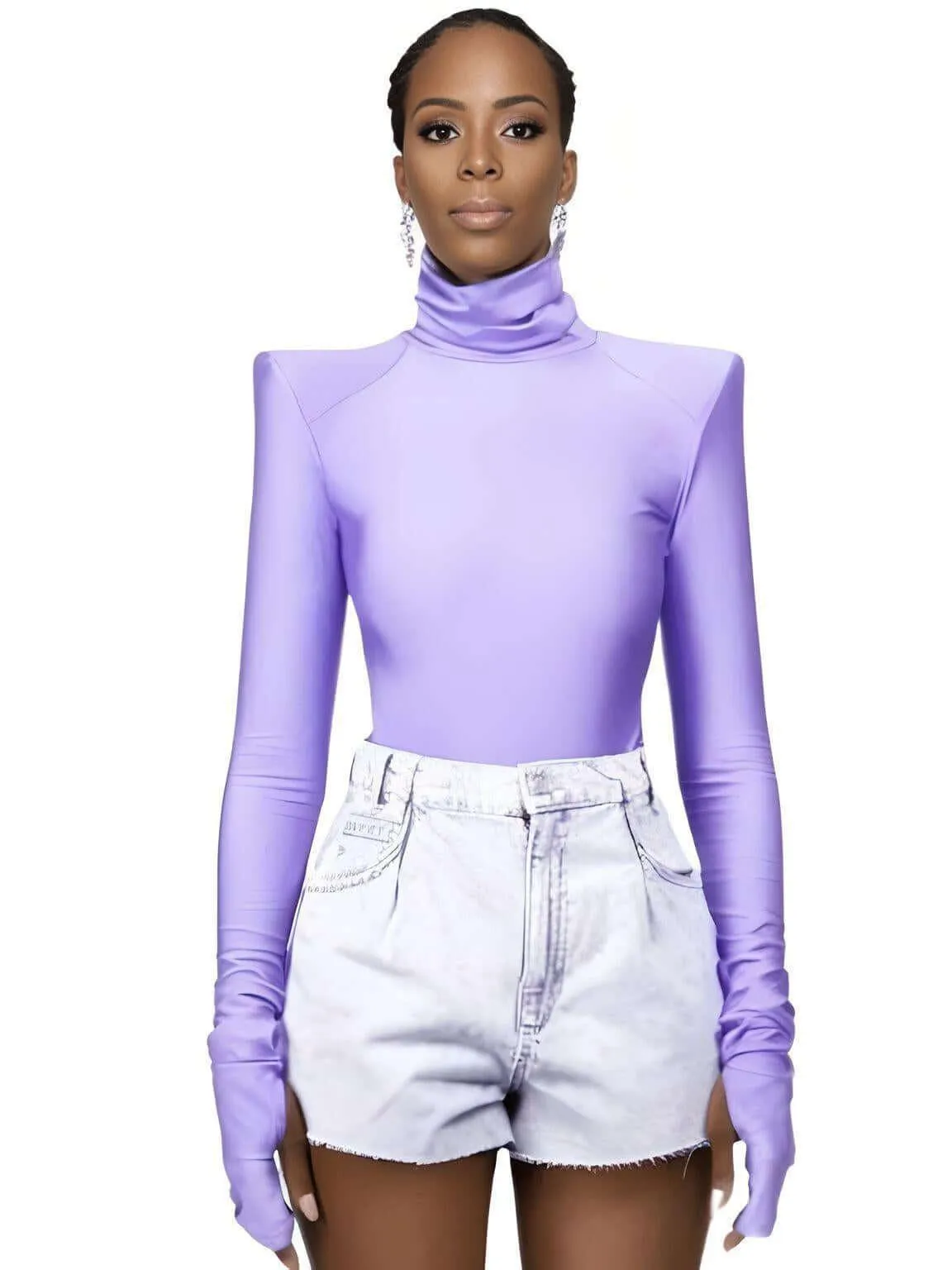 Women's Long Sleeve Padded Shoulder Turtleneck Bodysuit