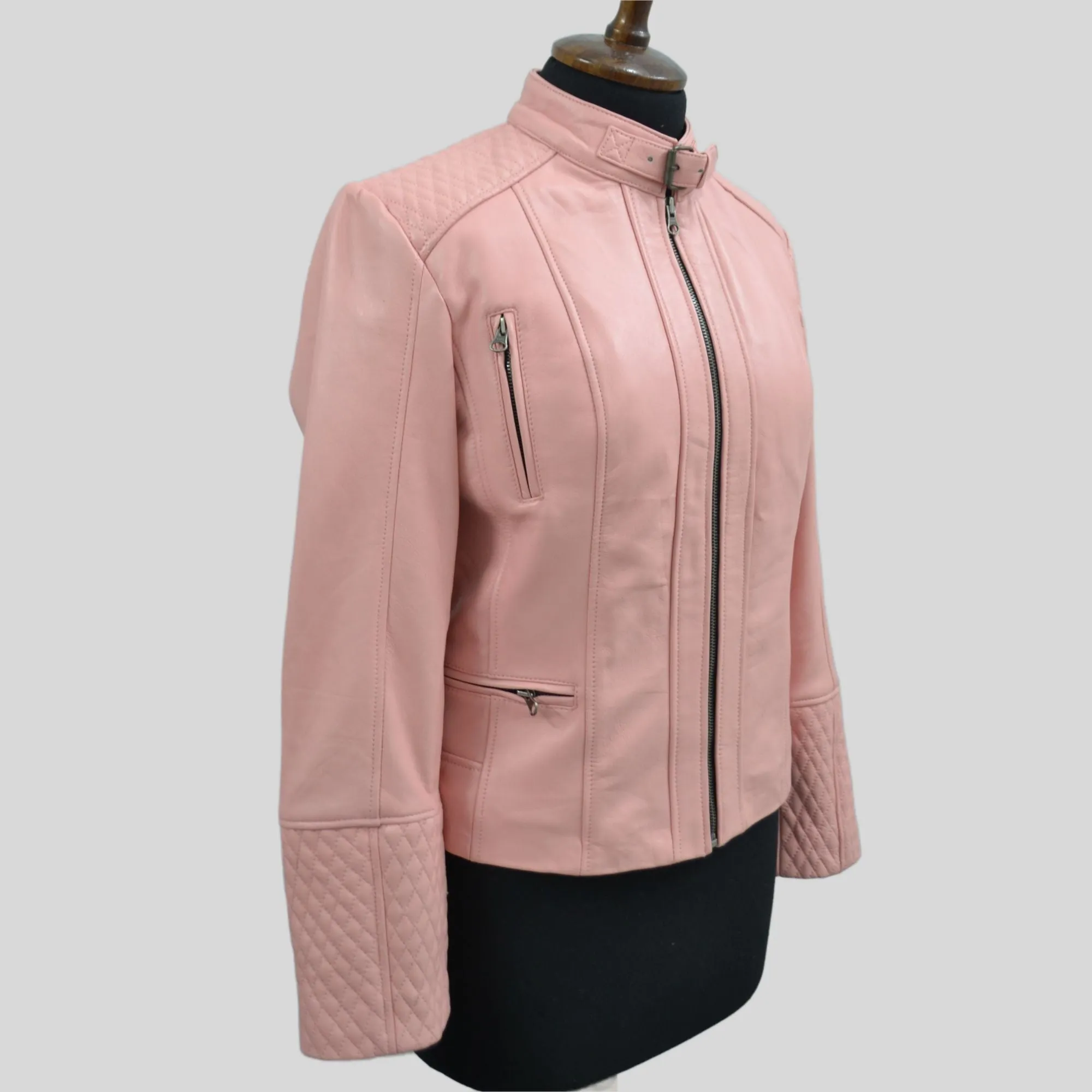 Women's Quilted Cuffs Light Pink Genuine Leather Cafe Racer Motorcycle Jacket