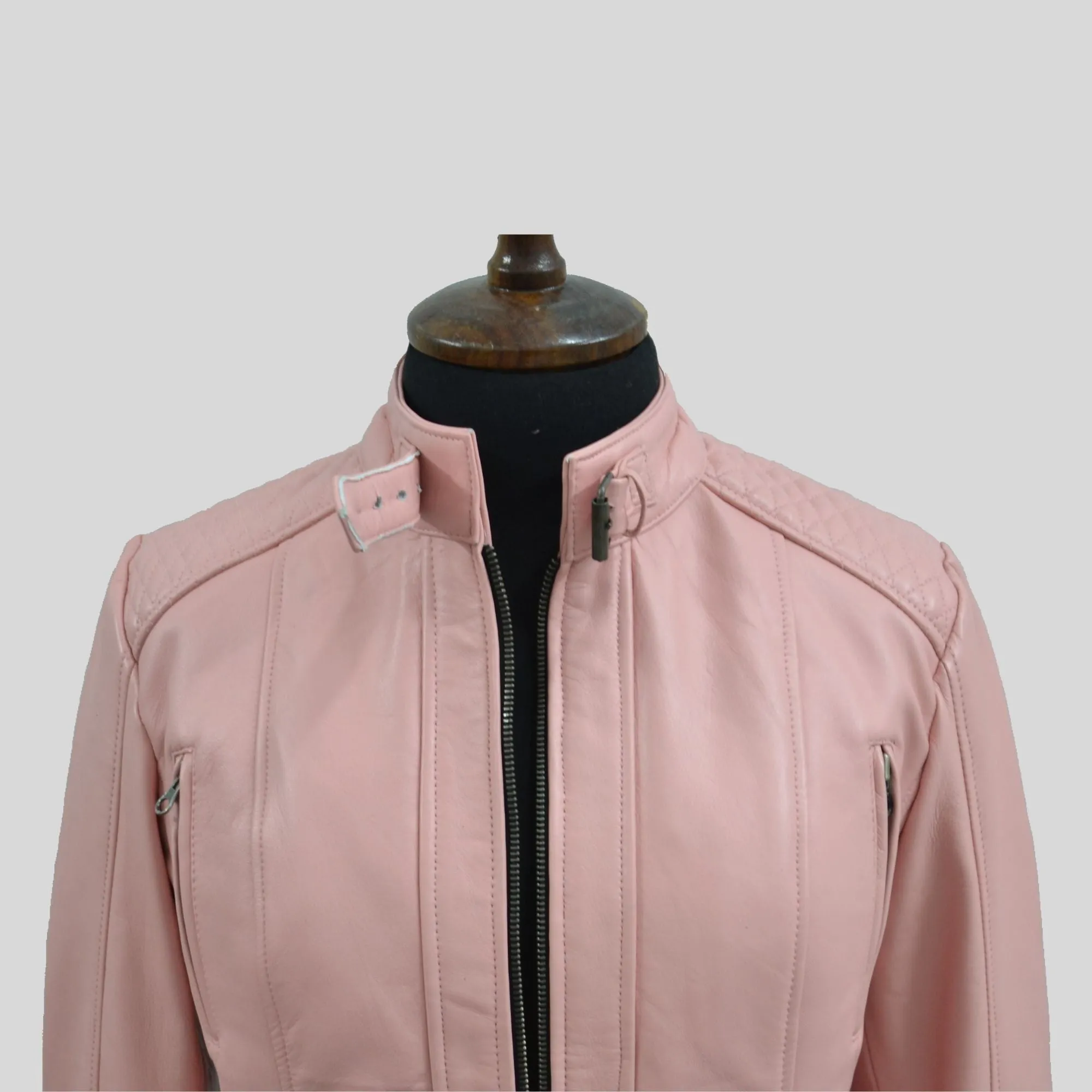 Women's Quilted Cuffs Light Pink Genuine Leather Cafe Racer Motorcycle Jacket