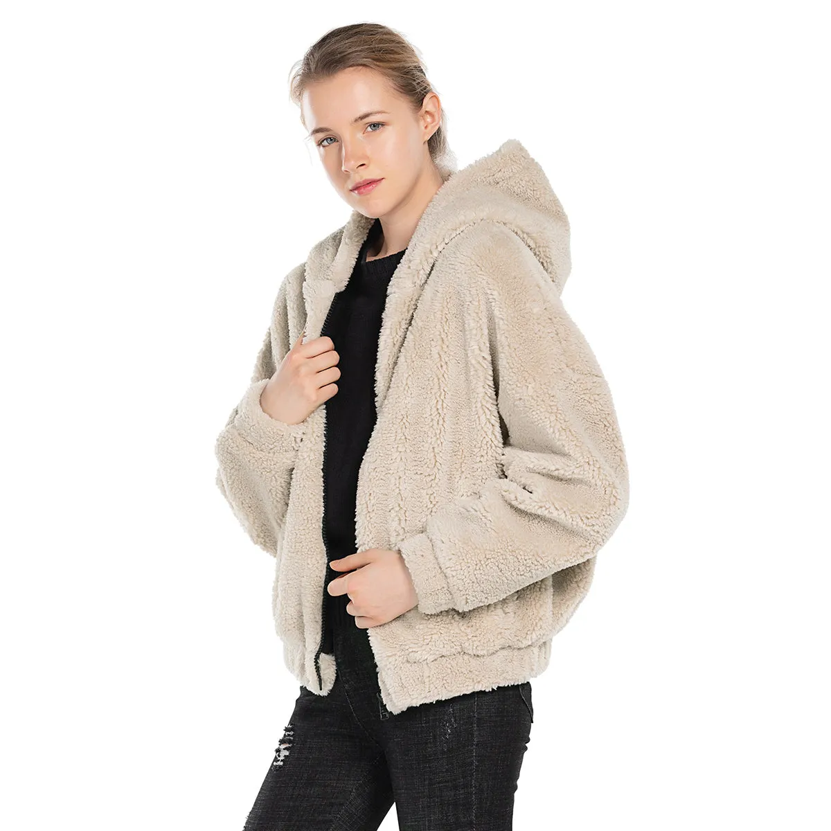 Womens Sherpa Jacket Oversized Zip Up Hoodie colours Beige, Camel, Coffee S M L XL