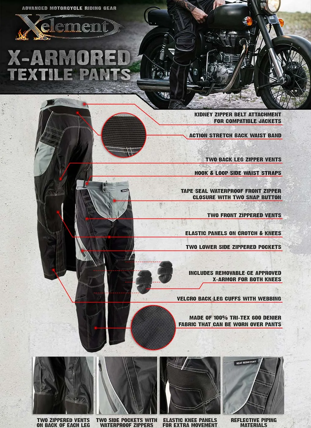 Xelement B4402 Men's Advanced Black and Grey Advanced X-Armored Tri-Tex Fabric Motorcycle Pants