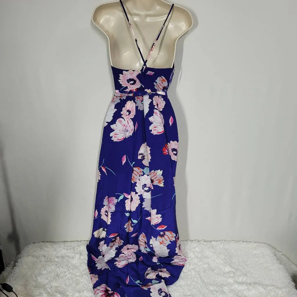 Yumi Kim Rush Hour Silk Wrap Flowy Maxi Dress Blue Poppy Iverson Size Medium New