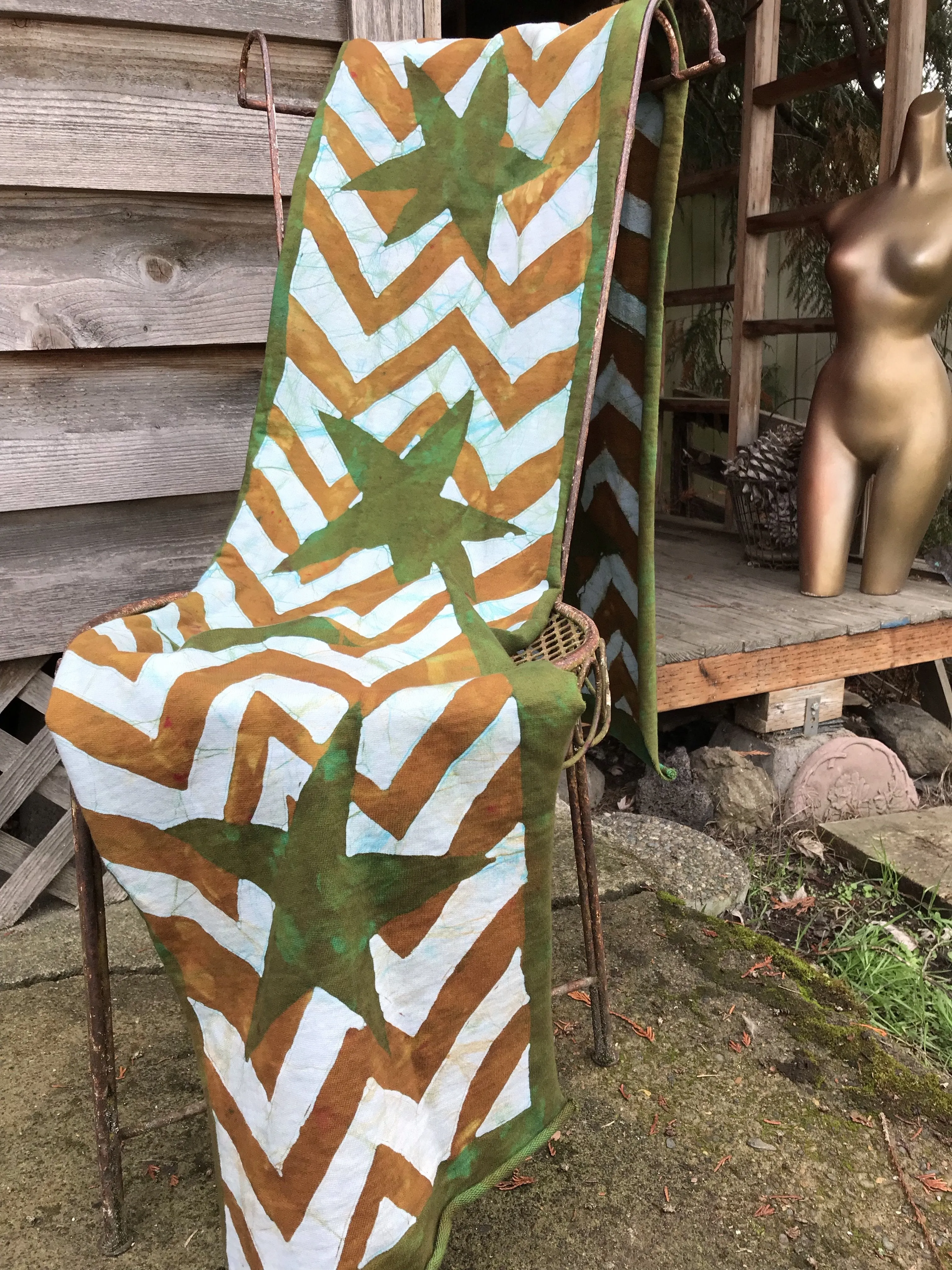 Zigzag Stars Soft Brown & Green - Thick Organic Cotton Fleece Hand Painted Scarf